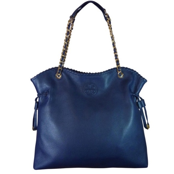 Tory Burch Marion Slouchy Large Navy Blue Leather Tote - Picture 3 of 8